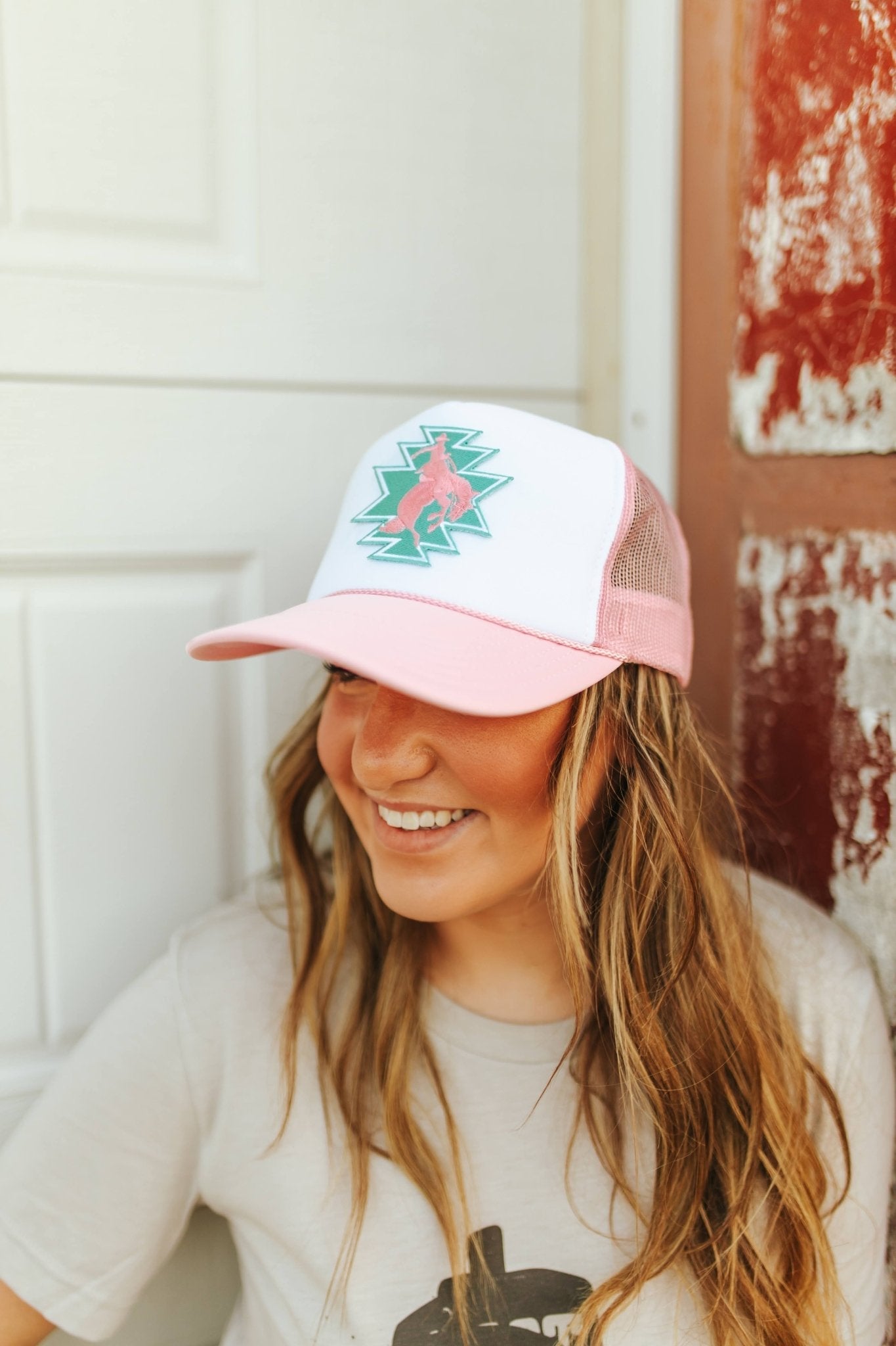 Wild Junkie Aztec Bucking Bronco Patch Trucker Hat — detail close-up