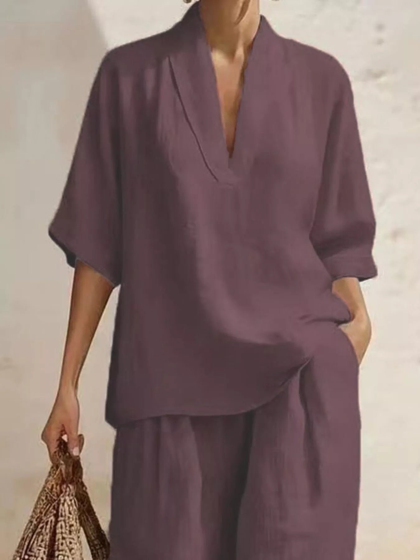 Full Size Half Sleeve Top and Wide Leg Pants Set Plus Size