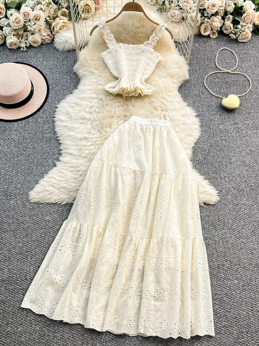 Smocked Crop Top and Hollow-Out Skirt Set