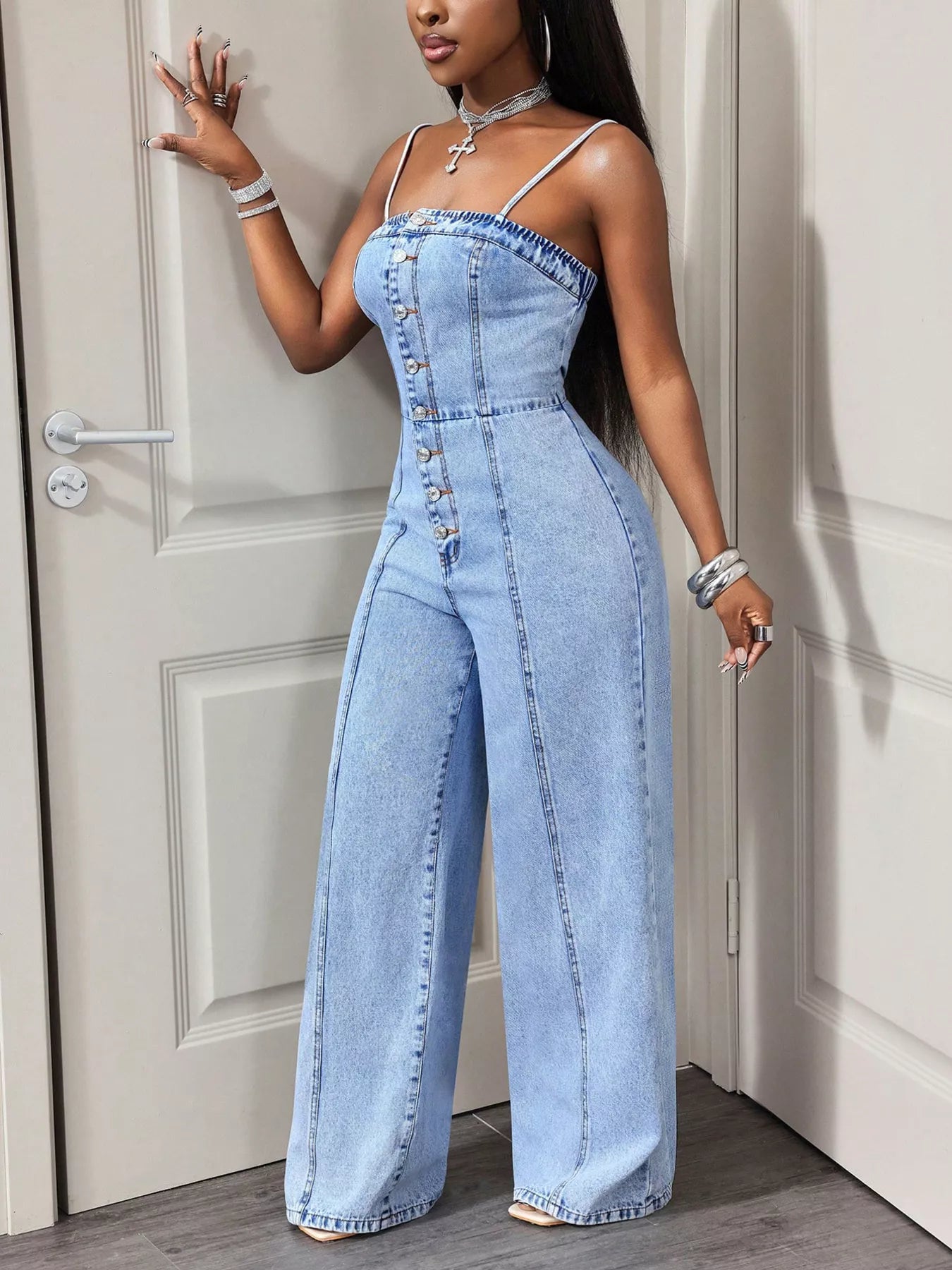 Button-Down Wide Leg Denim Jumpsuit