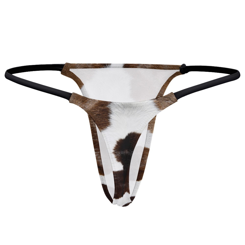 Luckless Outfitters Cow Print Yoga Thong — detail close-up