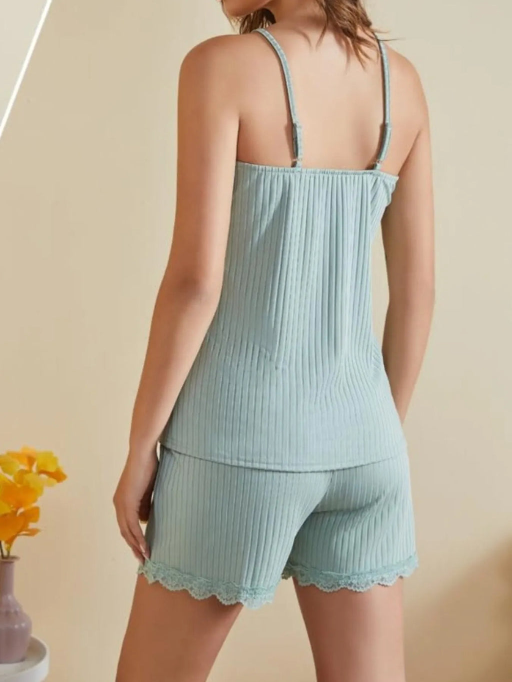 MWBW Apparel and More Lace-Trimmed Ribbed Cami and Shorts Lounge Set — lifestyle context