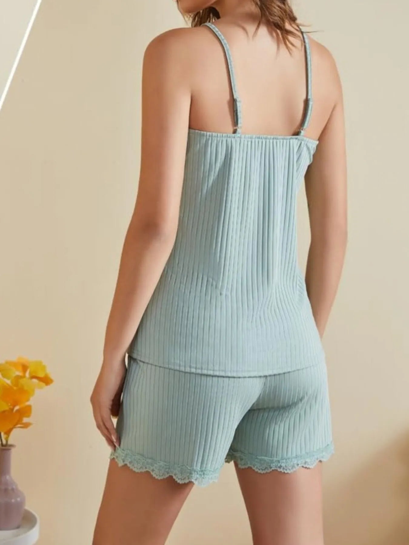 MWBW Apparel and More Lace-Trimmed Ribbed Cami and Shorts Lounge Set — lifestyle context