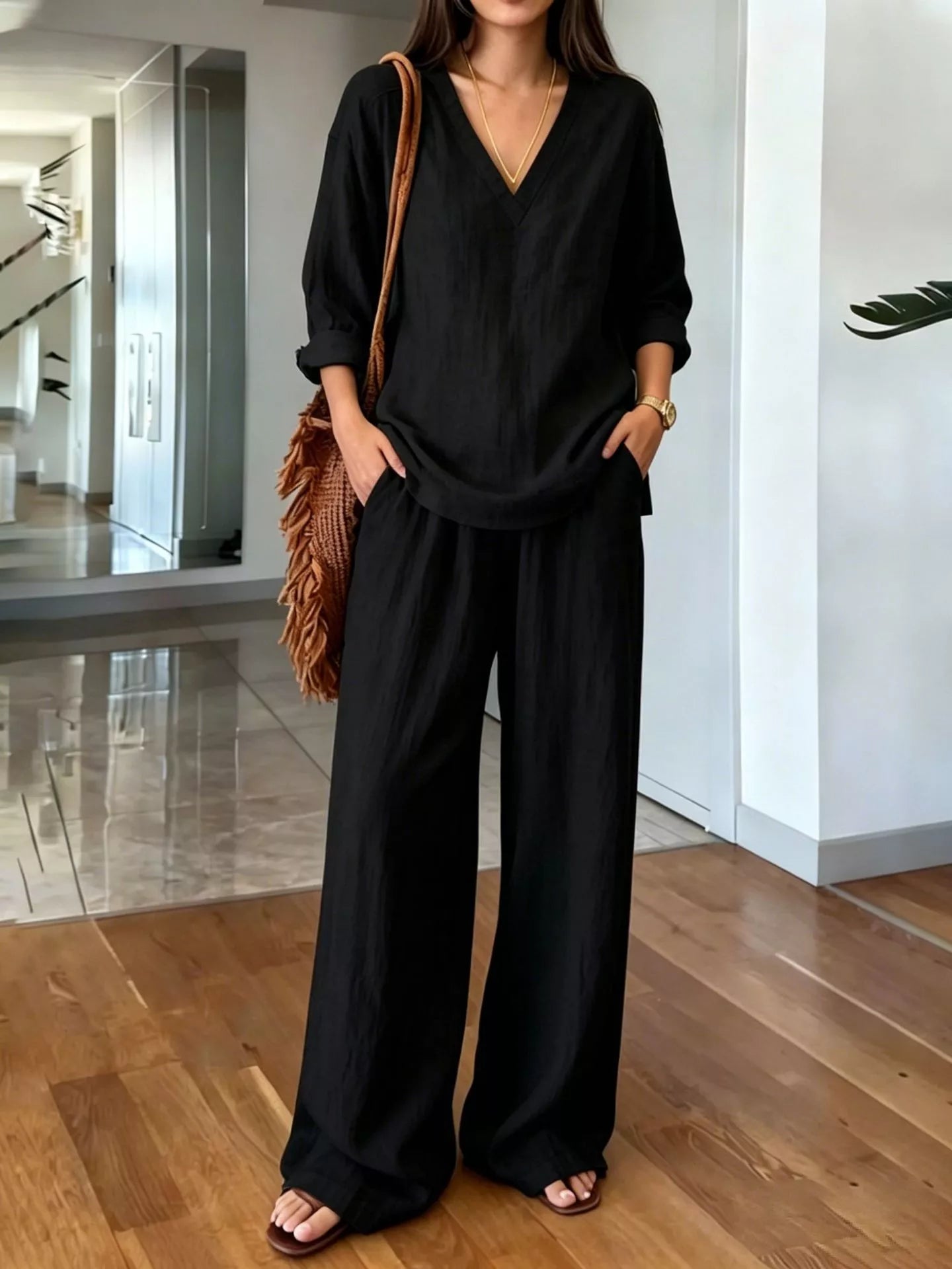 V-Neck Top and Wide-Leg Pants Set