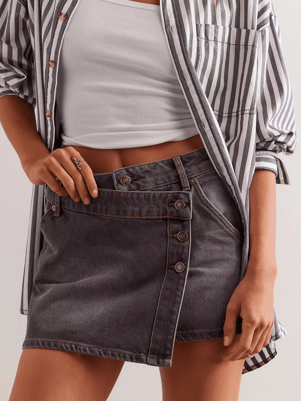 Asymmetrical Button-Front Denim Skirt