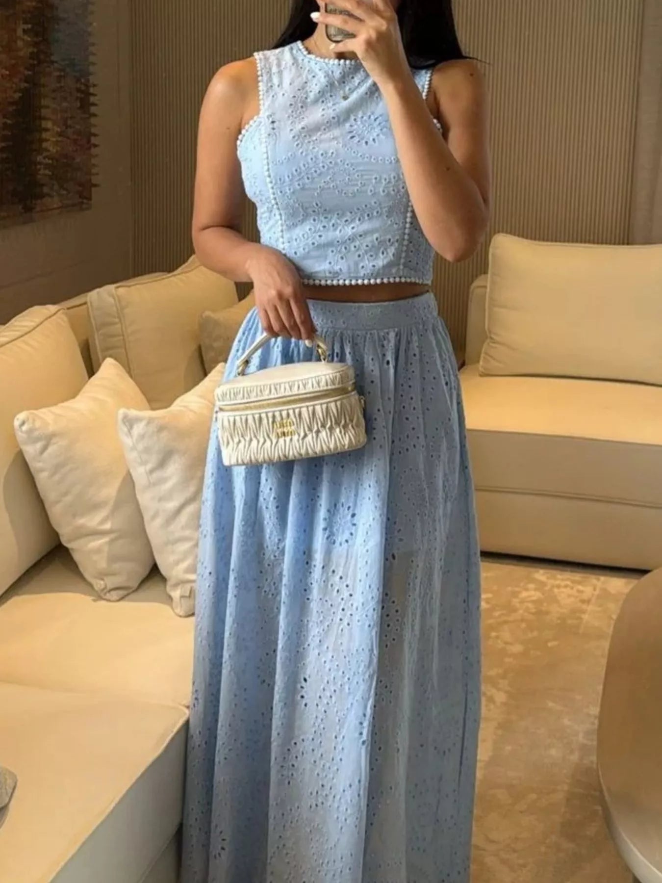 Eyelet Crop Top and Maxi Skirt Set