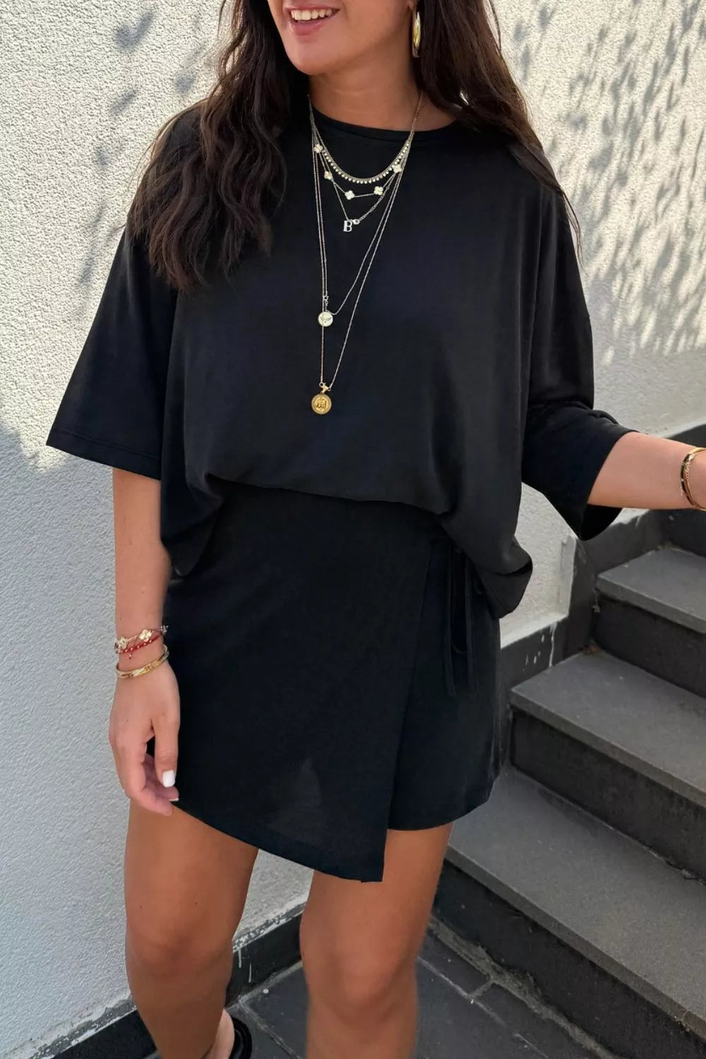 Solid Color Oversize Tee Tie Wrap Mini Skort 2pcs Set