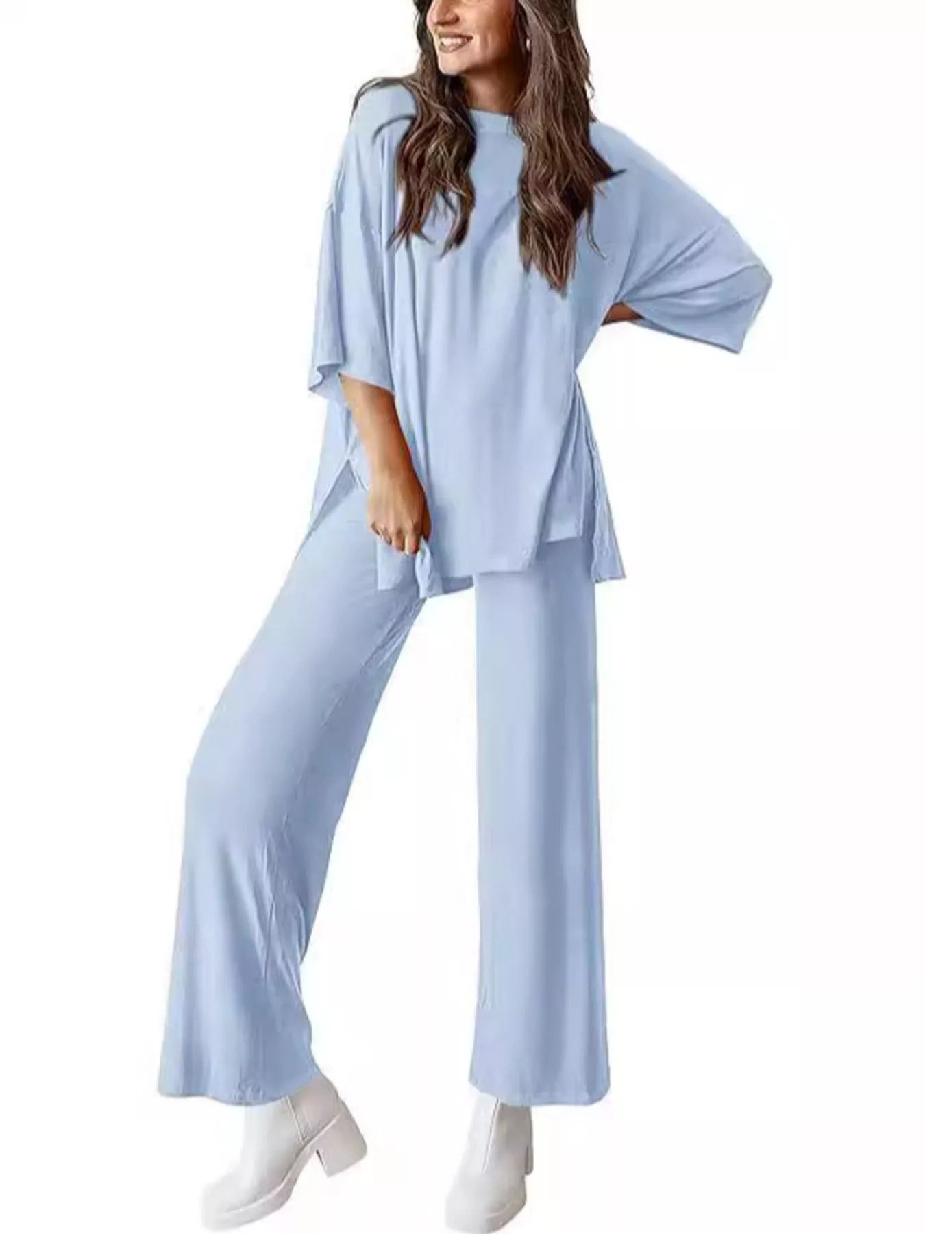 Relaxed Fit Round Neck Top and Pants Two-Piece Set