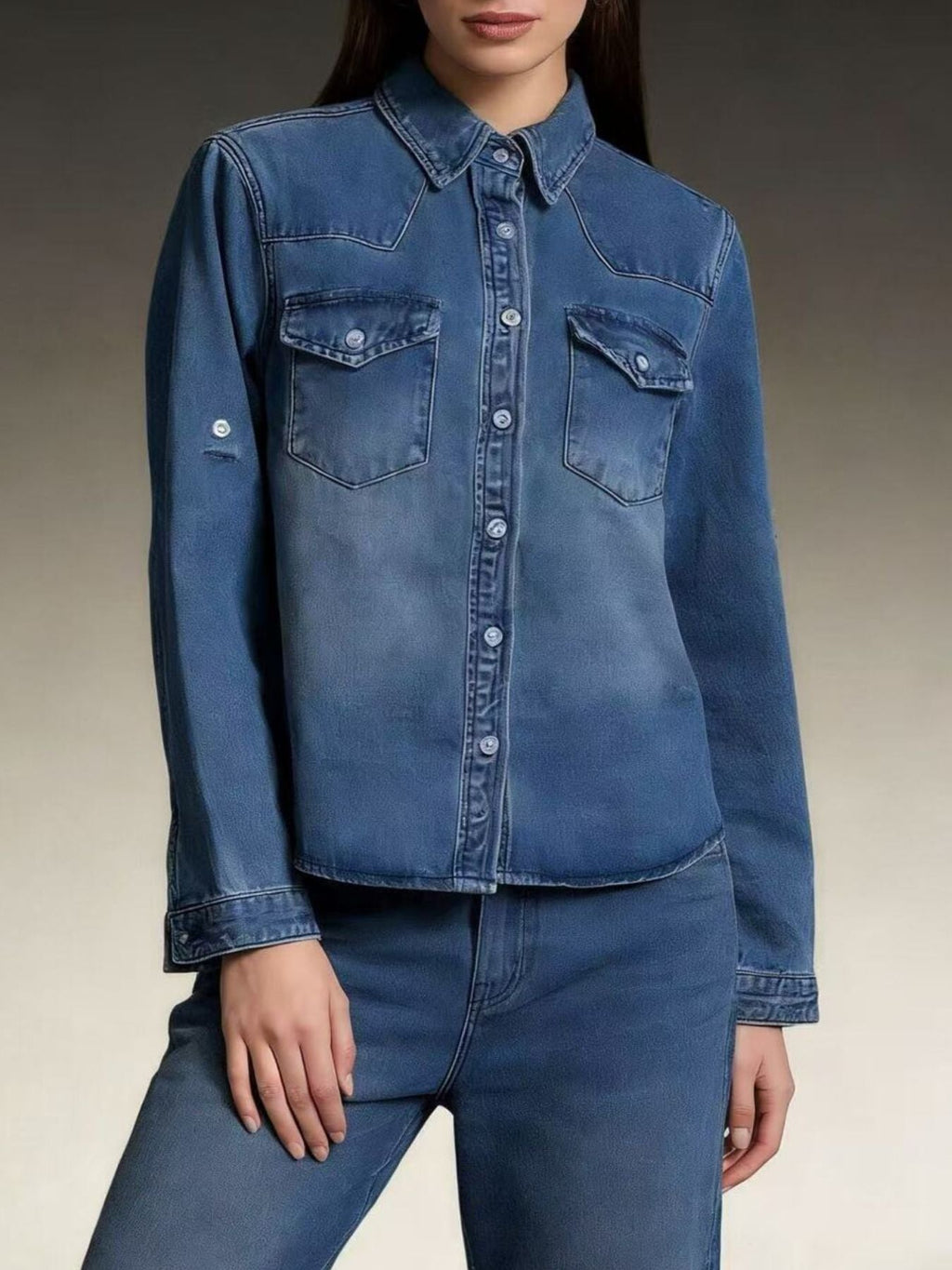 Button Down Classic Western Style Denim Top