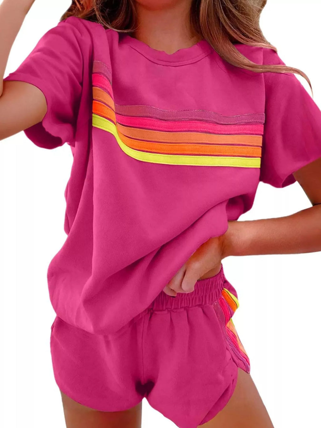 Rainbow Striped Round Neck Top and Shorts Set