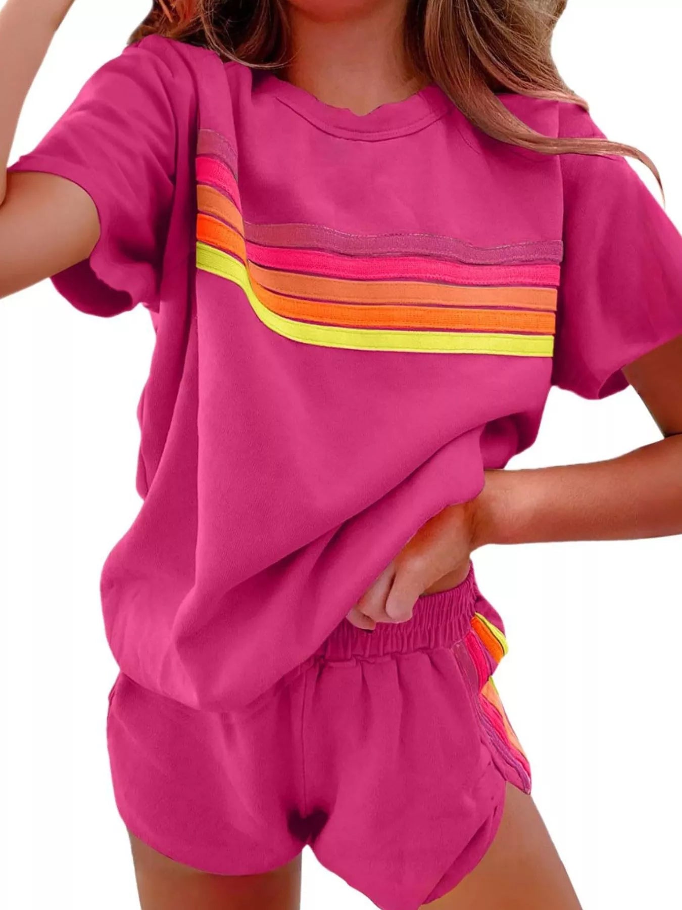 Rainbow Striped Round Neck Top and Shorts Set