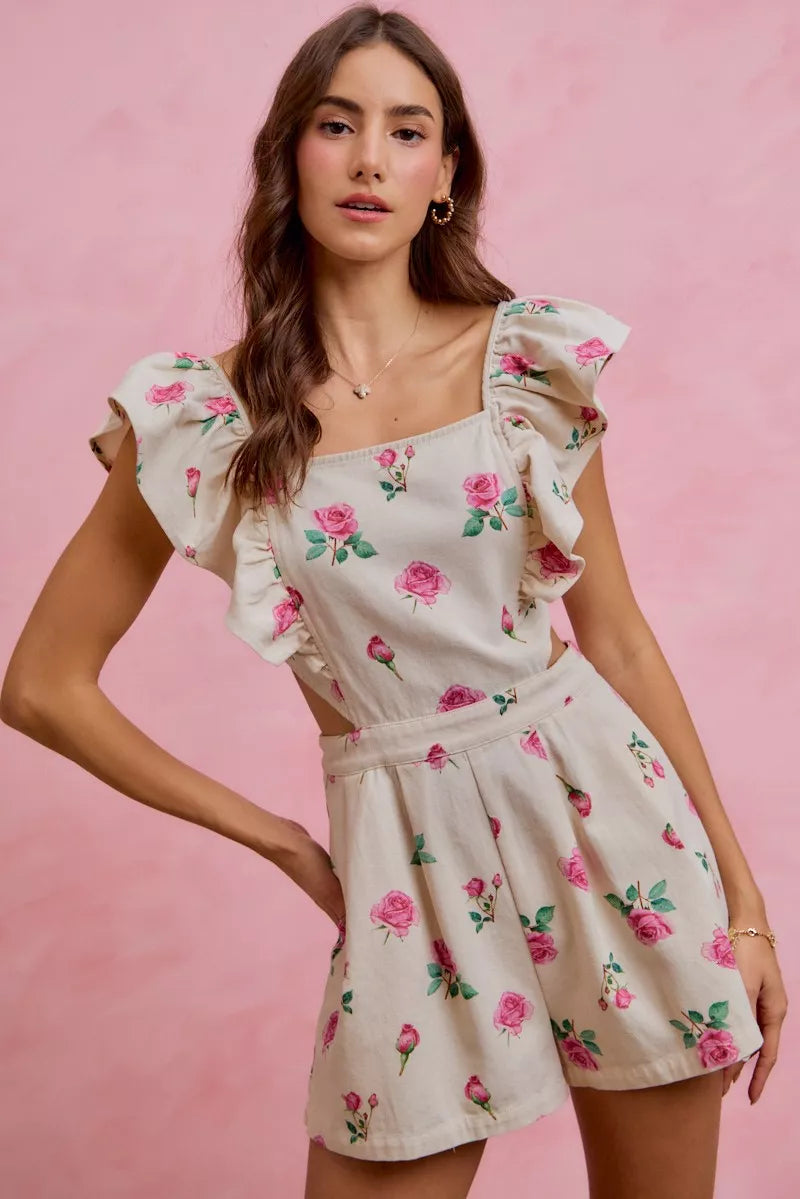 SO ME Floral Print Denim Cut Out Waist Ruffled Romper