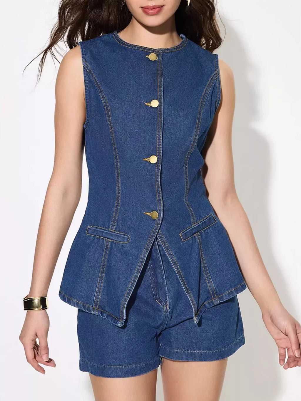 Button Up Sleeveless Denim Top