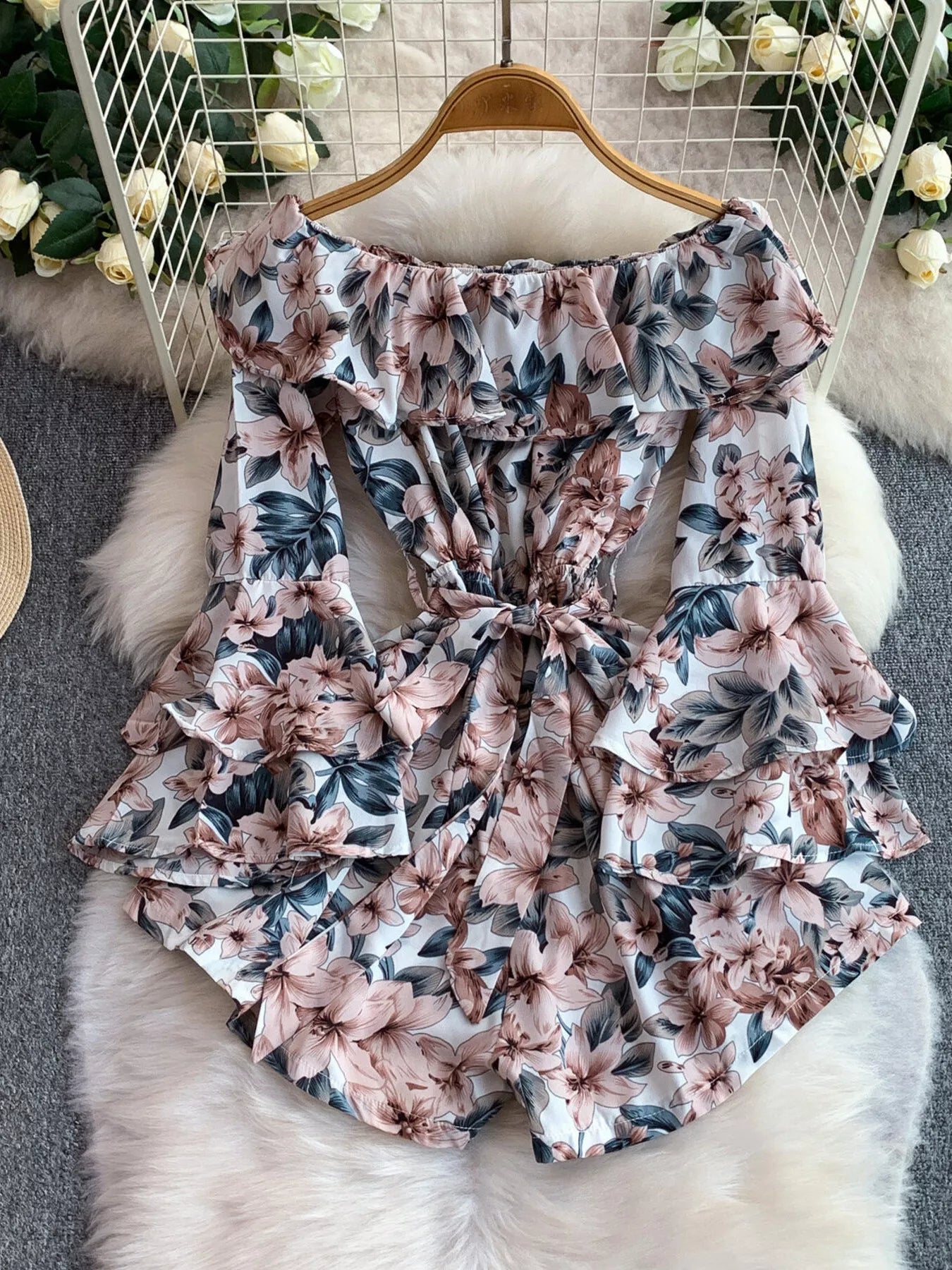Off-Shoulder Flounce Sleeve Romper