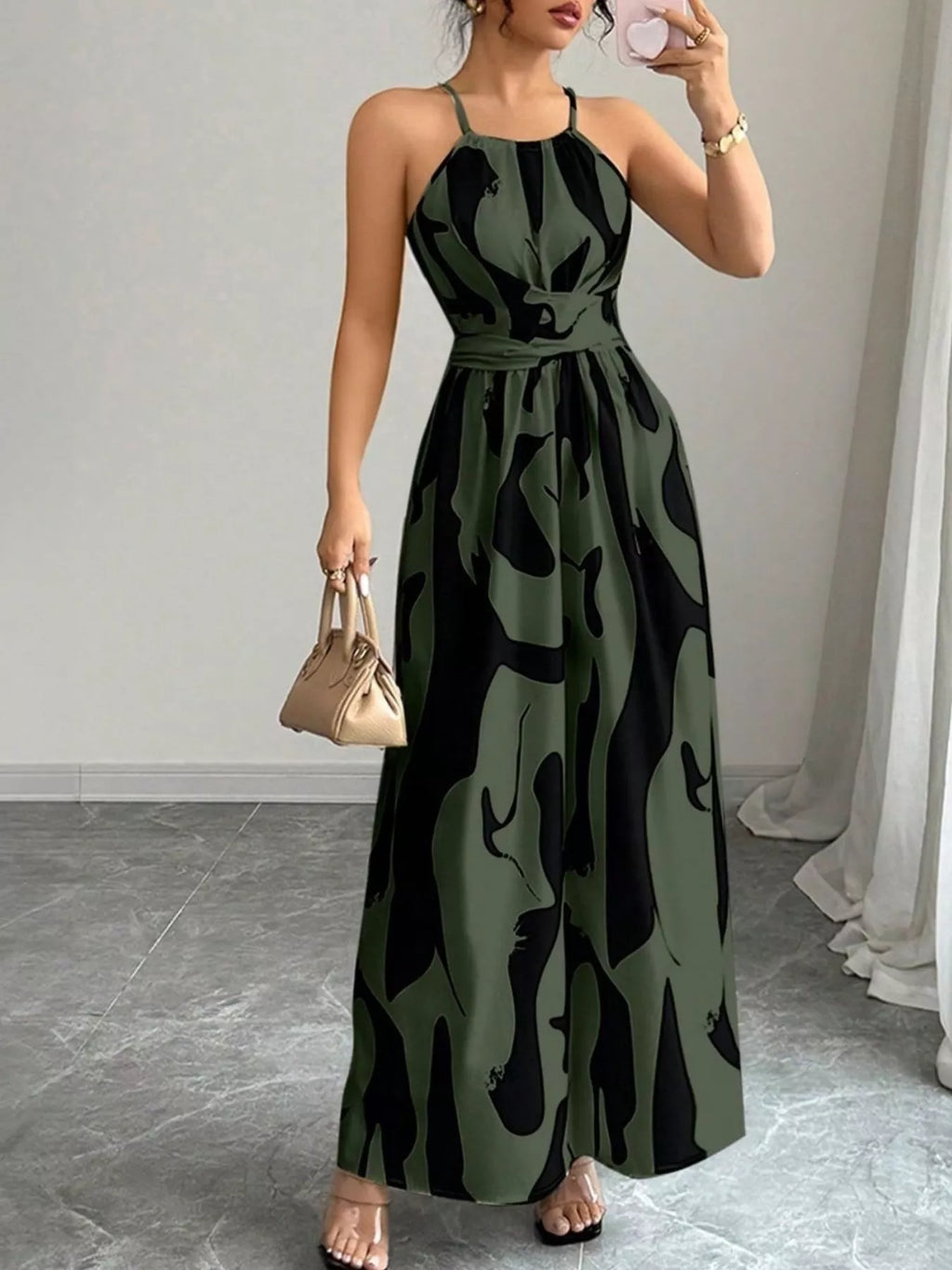 Abstract Print Halter Neck Maxi Dress