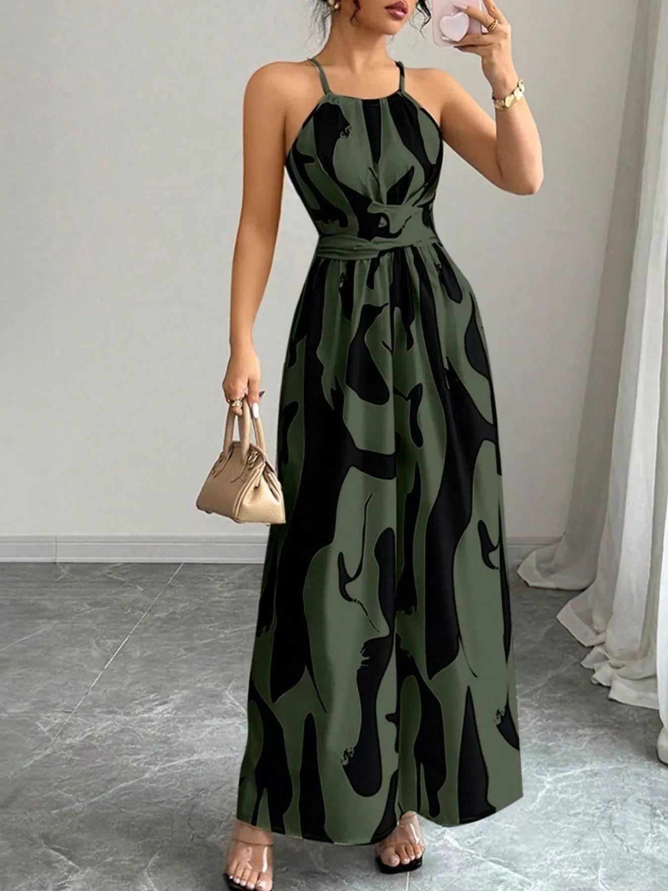 Abstract Print Halter Neck Maxi Dress