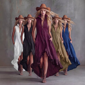 Lapel Collar Zip-Front Ruffle Hem Boho Dress