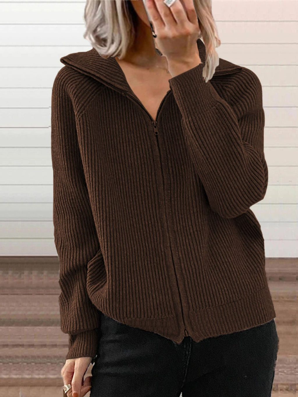 Full Size Ribbed Knit Zip-Up Outerwear Plus Size