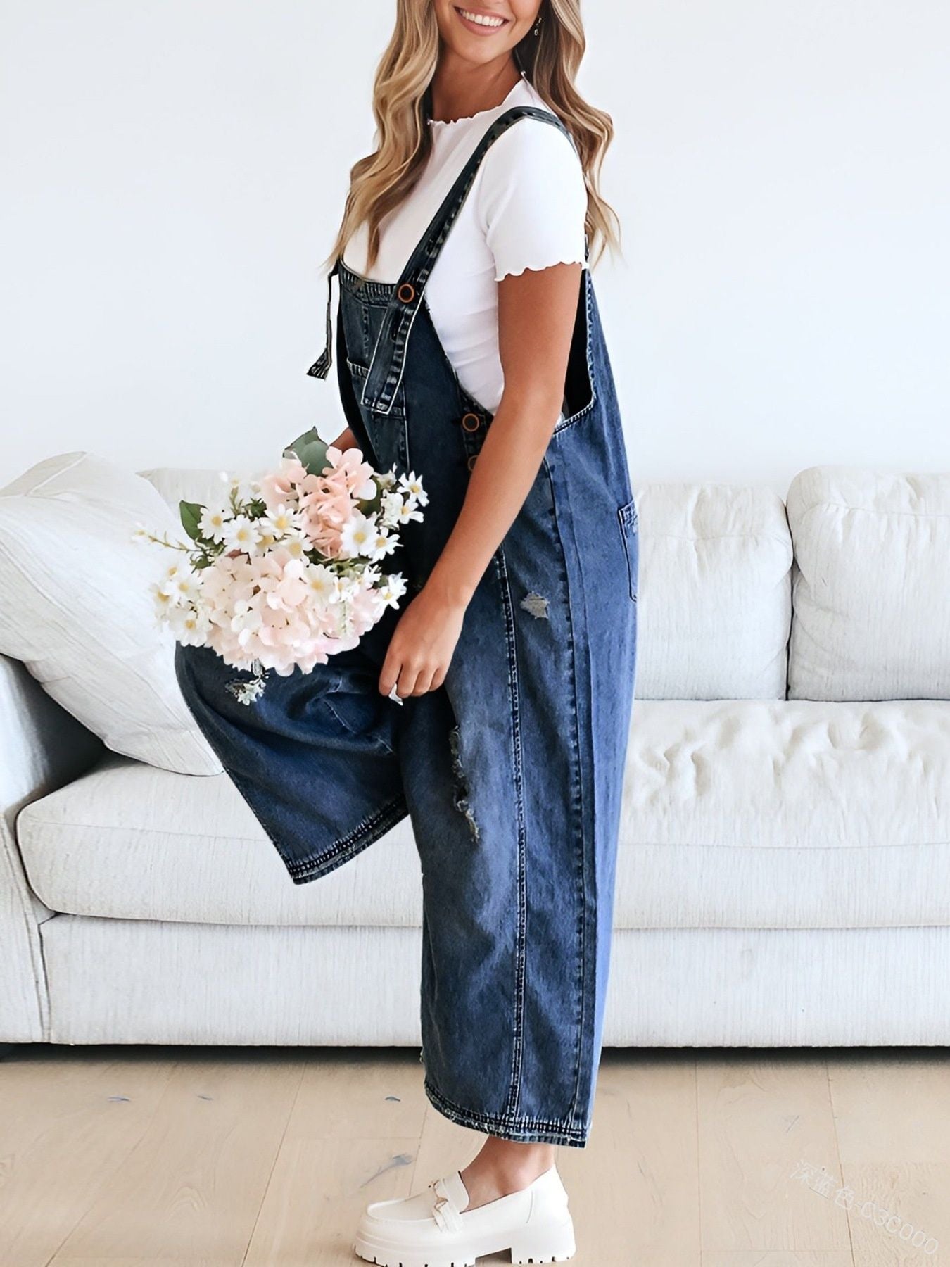 Distressed Wide Leg Denim Overalls