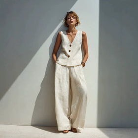 Linen Blend V-Neck Buttoned Vest & High-Waist Wide-Leg Pants Set – 5 Colors S–3XL