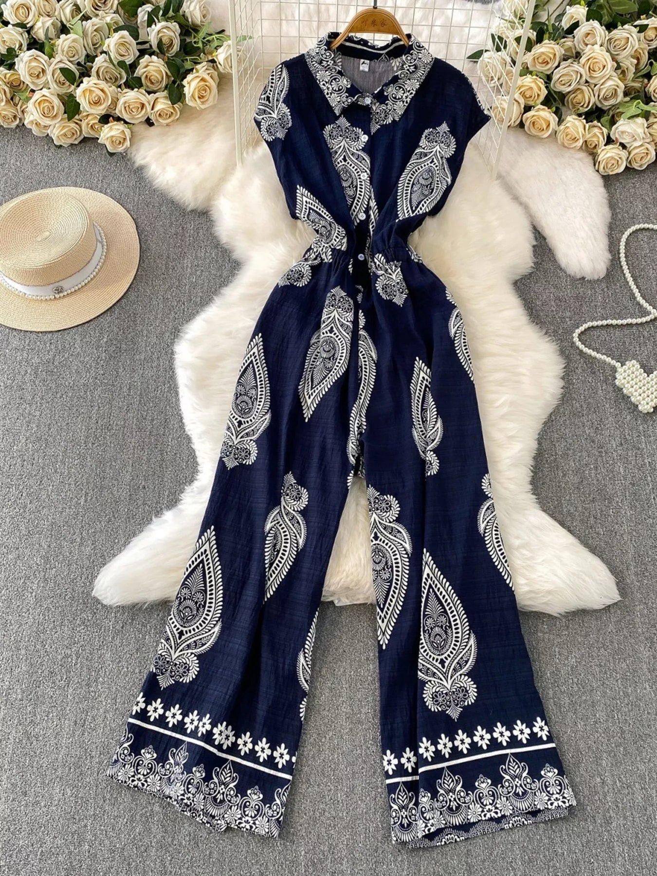 Button Front Wide Leg Jumpsuit
