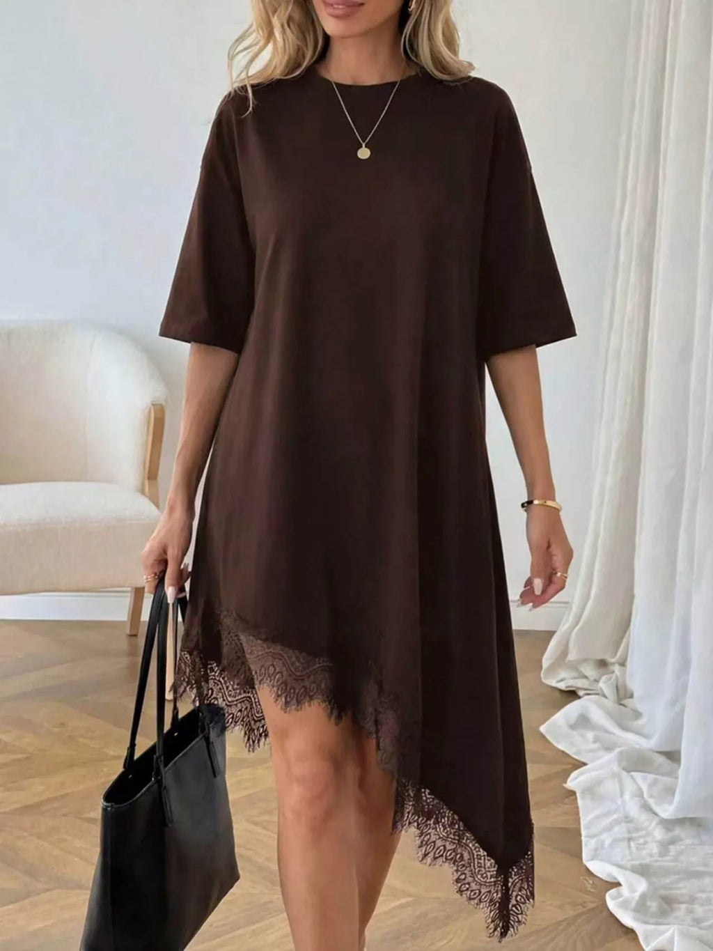 Lace Trim Asymmetrical Hem T-shirt Dress