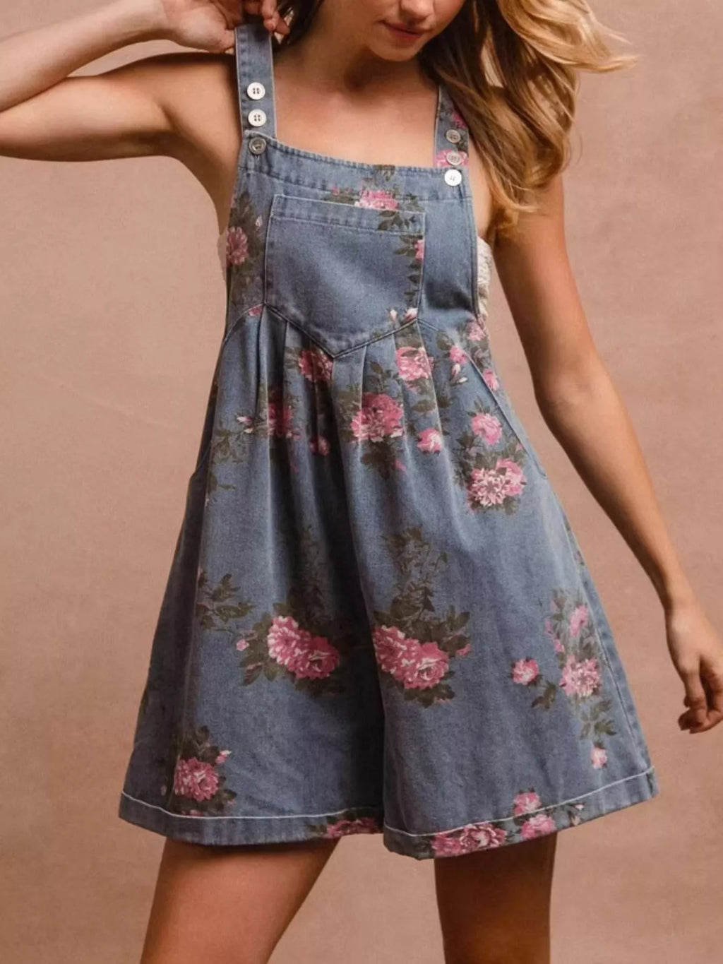 Floral Print Denim Overalls