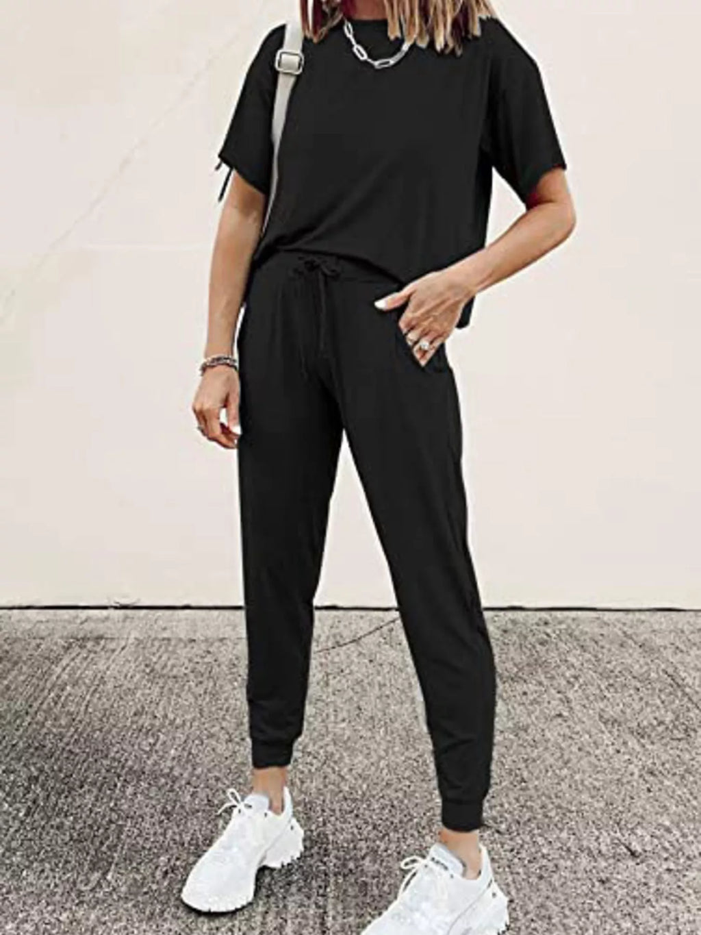 Full Size Round Neck Top and Drawstring Pants Set Plus Size