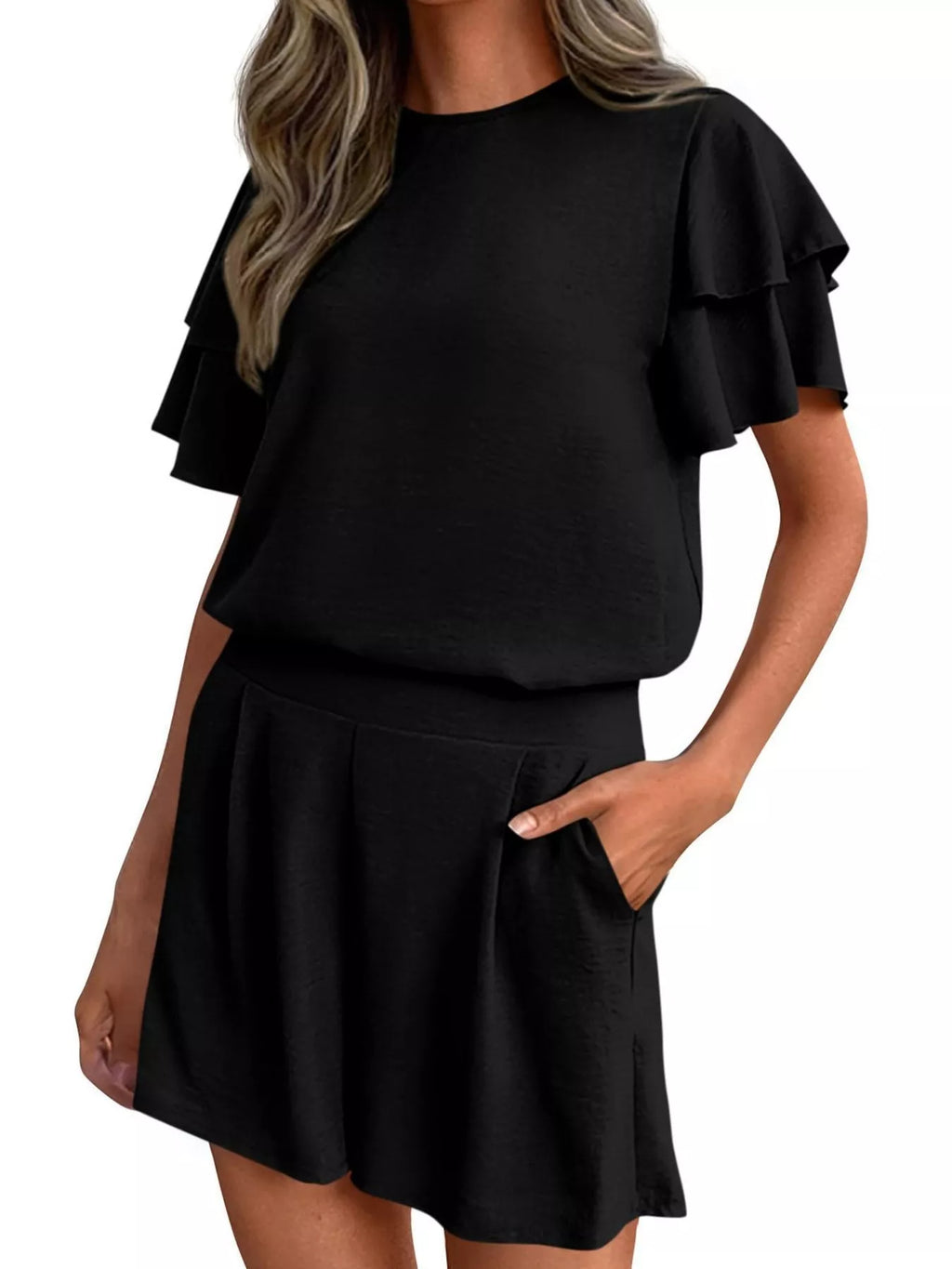 Ruffle Sleeve Top and Shorts Two-Piece Set