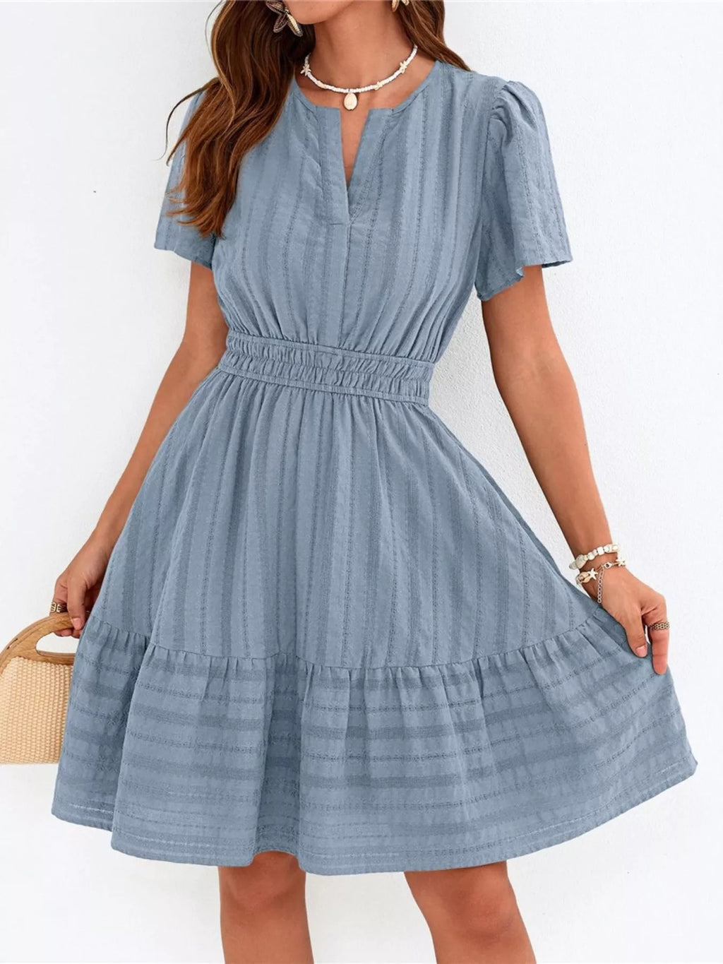 Short Sleeve Smocked Waist Tiered Dress