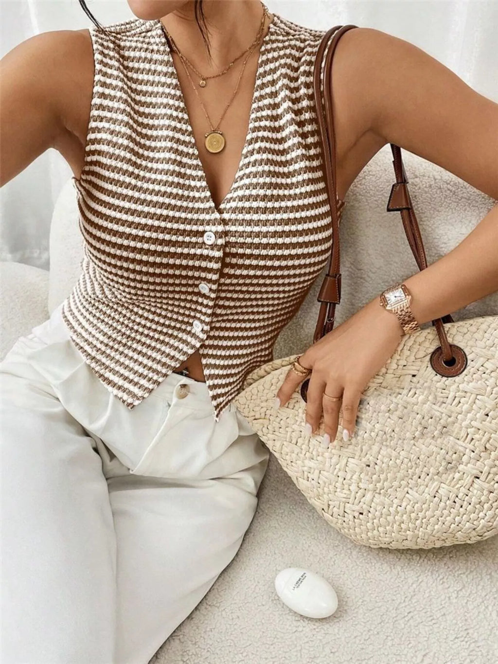 Striped Knit V-Neck Vest