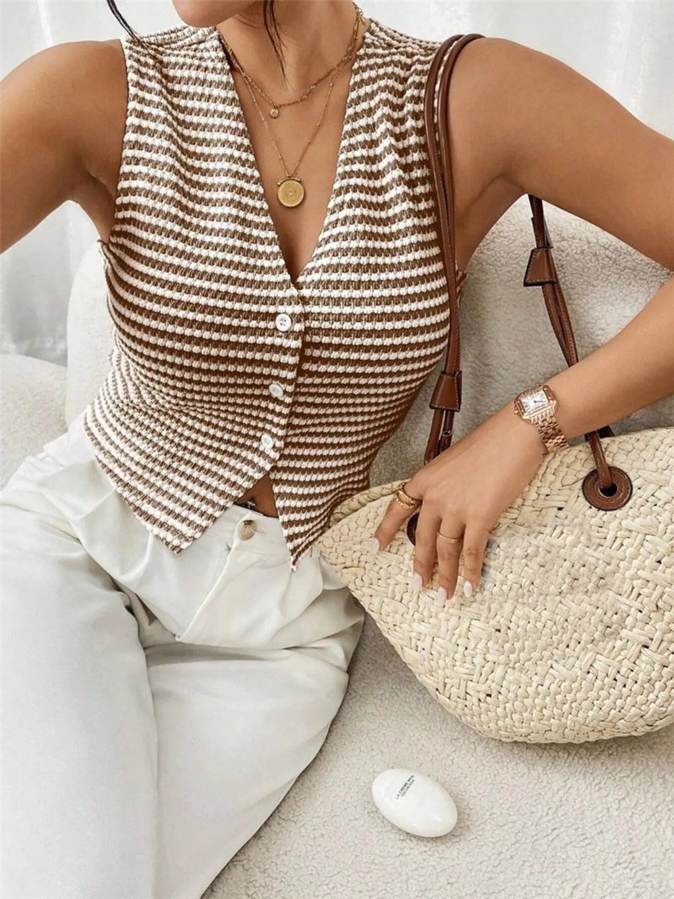 Striped Knit V-Neck Vest