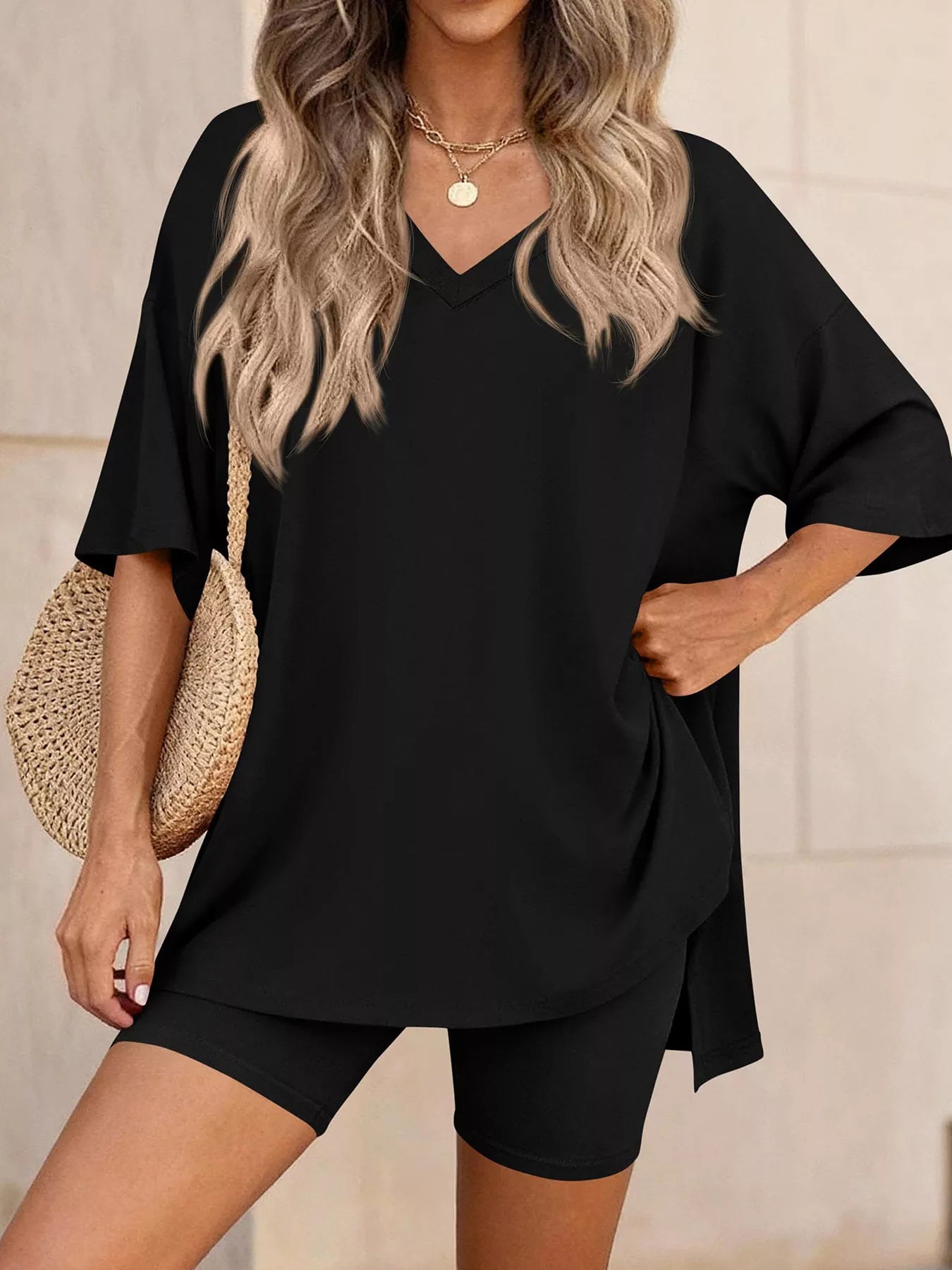 Full Size Casual Loose V-Neck T-Shirt & Shorts Set Plus Size
