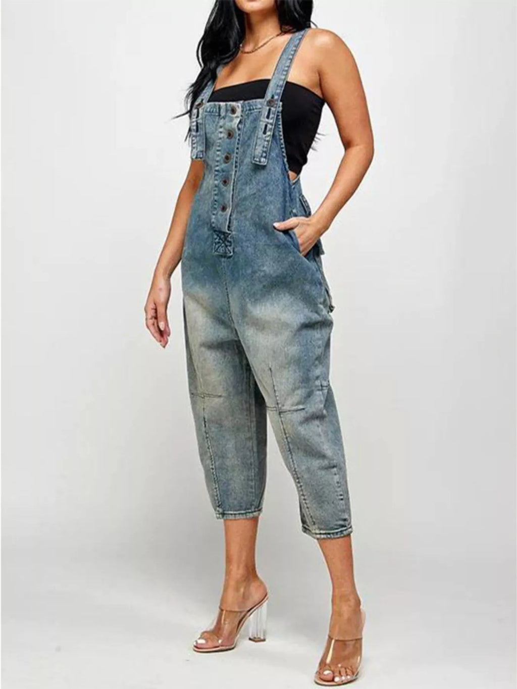 Full Size Button Front Denim Overalls with Pockets Plus Size