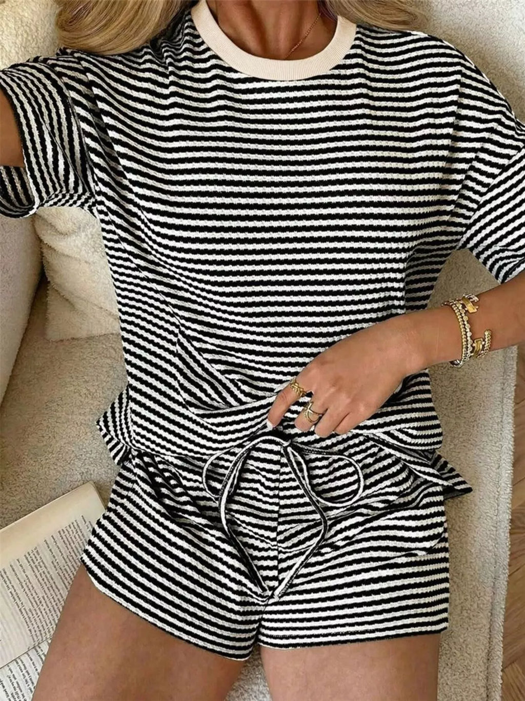 Striped Round Neck Tee and Shorts Set