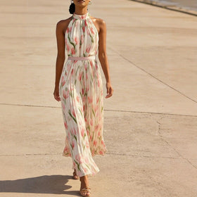 Women's Halterneck High-Waist Swing Dress – Floral & Solid Prints