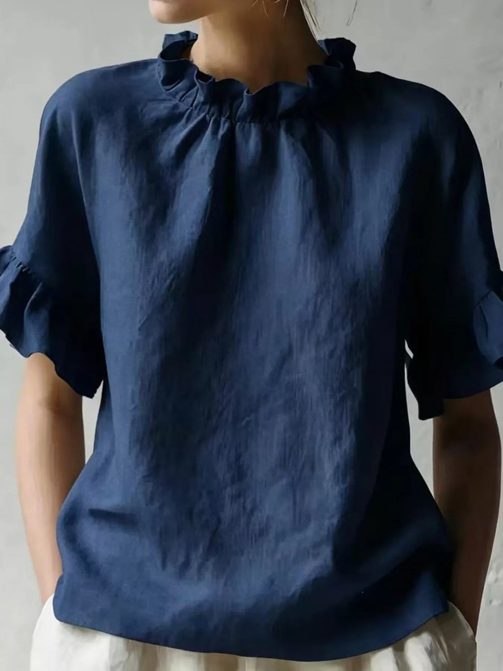 Full Size Ruffled Neck Half Sleeve Blouse Plus Size