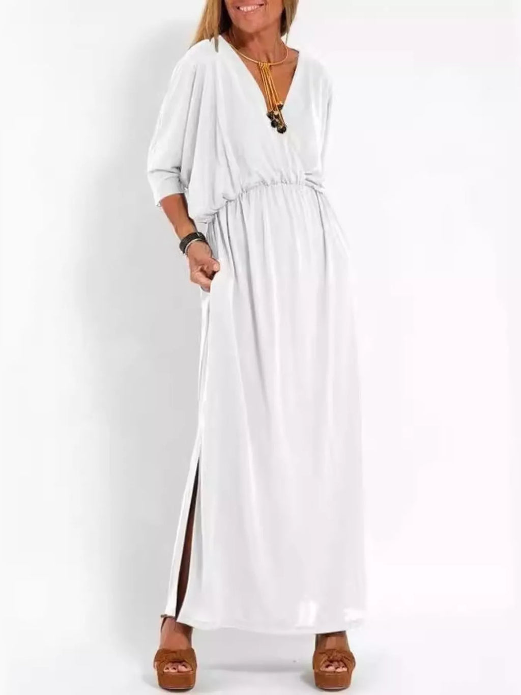 Full Size V-Neck Batwing Sleeve Maxi Dress with Side Slits Plus Size