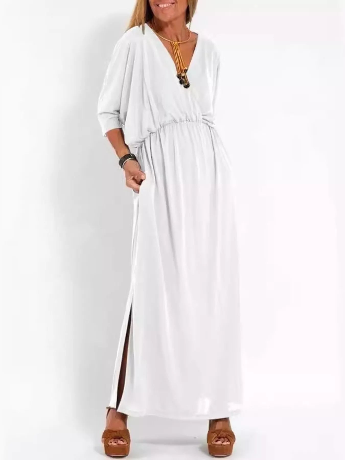 Full Size V-Neck Batwing Sleeve Maxi Dress with Side Slits Plus Size