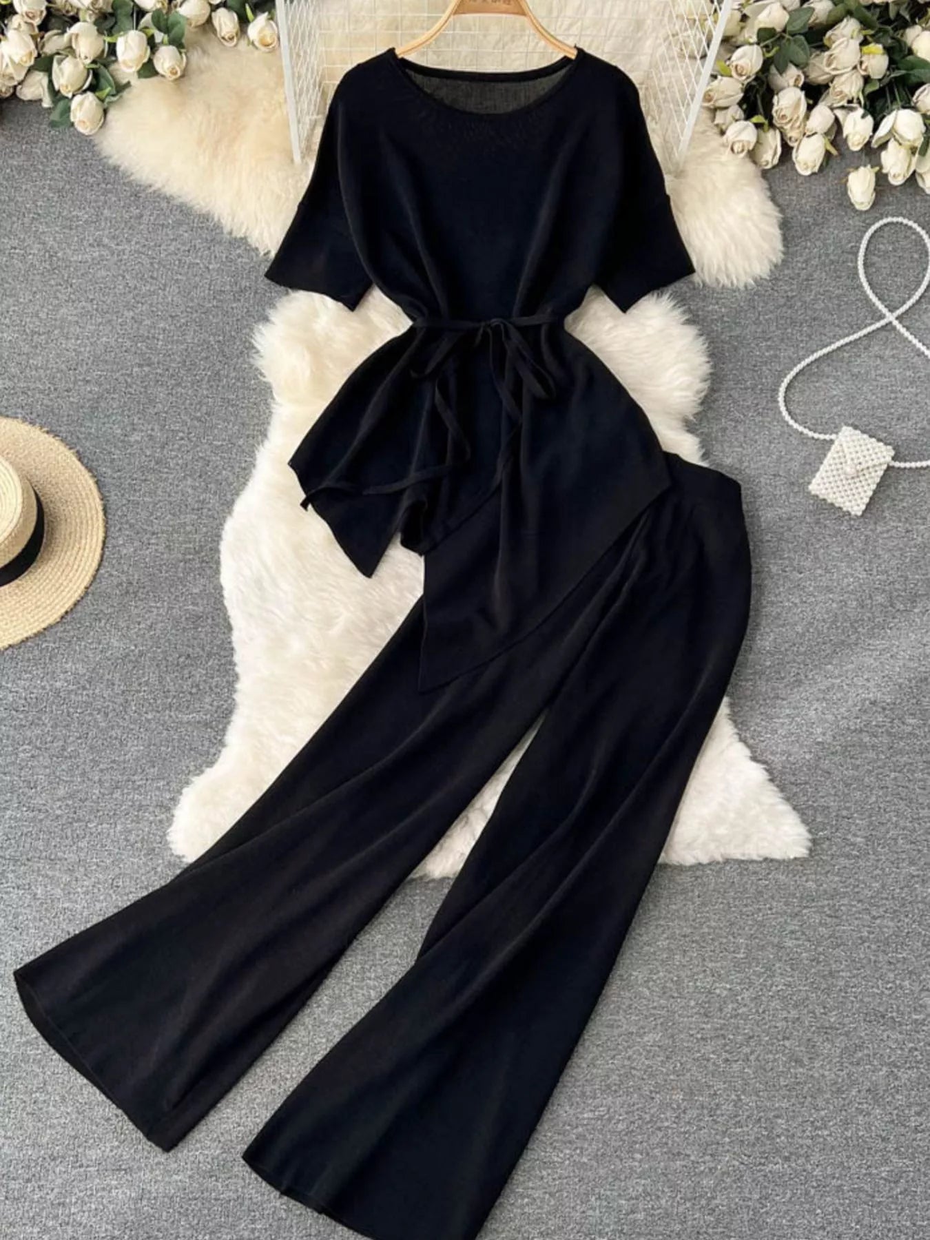 Short Sleeve Top and Wide Leg Pants Set