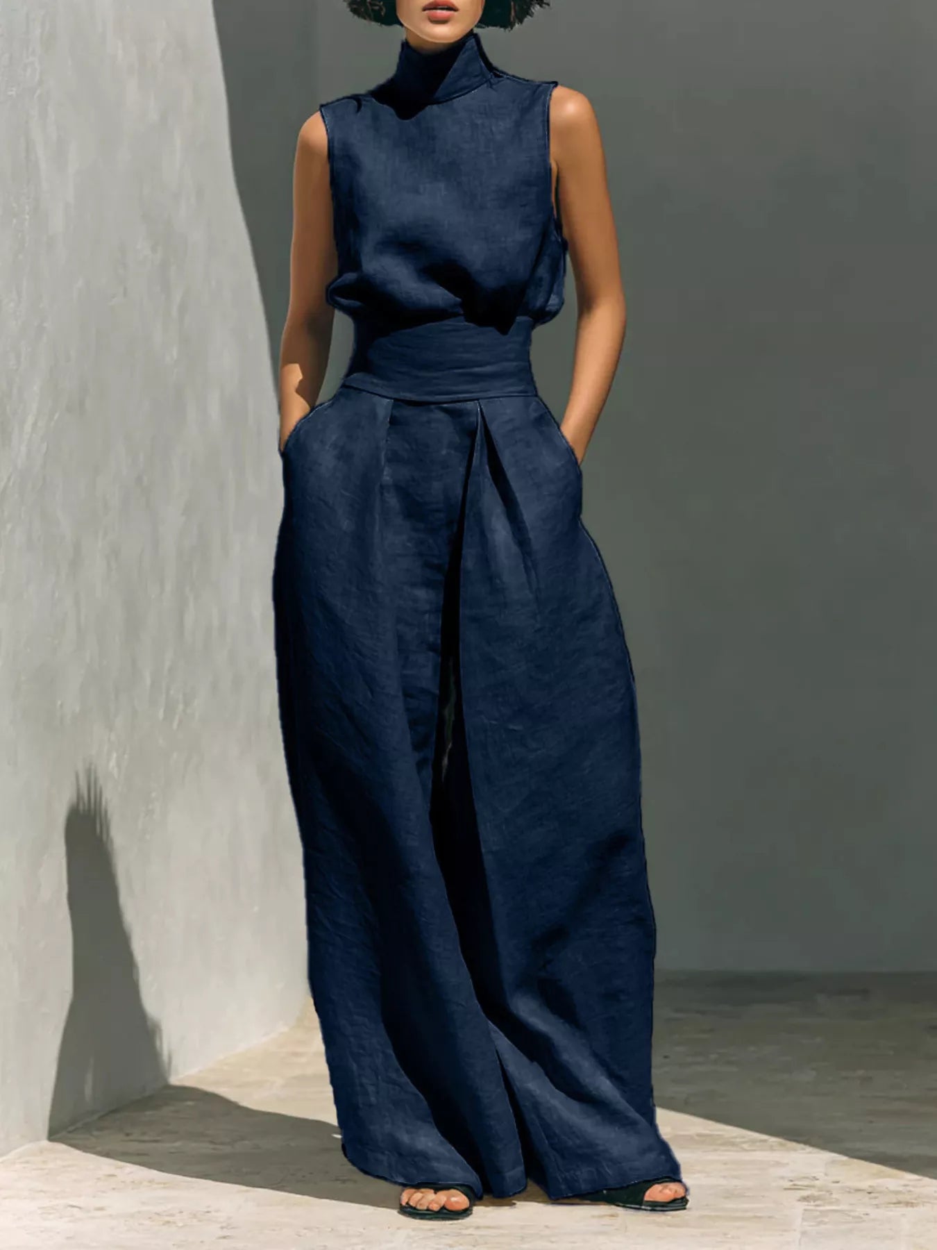 Turtleneck Sleeveless Top and Wide-Leg Pants Set
