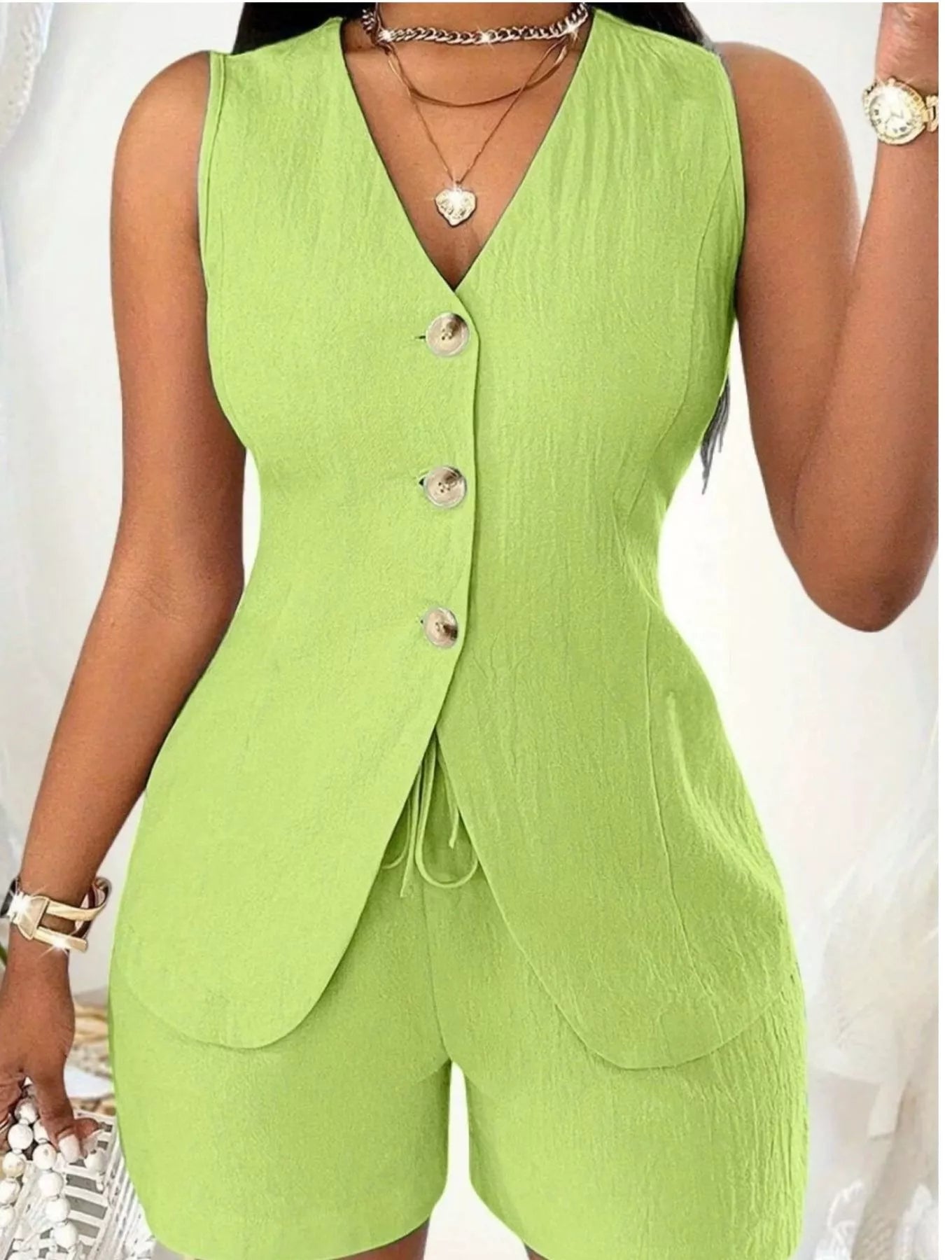 Sleeveless Button-Down Vest & Shorts Set