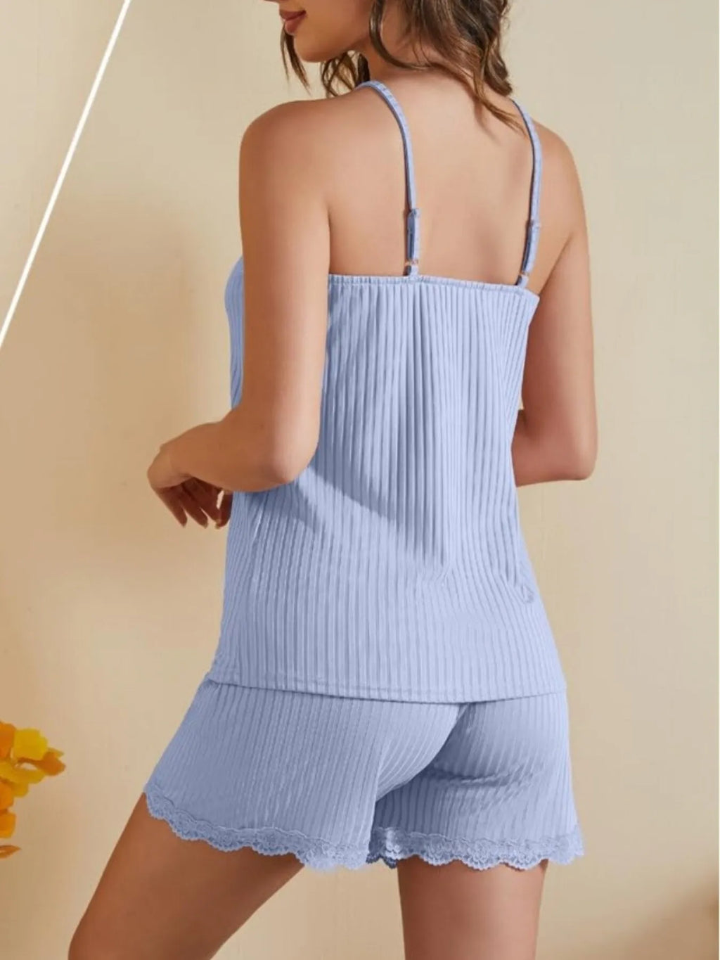 MWBW Apparel and More Lace-Trimmed Ribbed Cami and Shorts Lounge Set — in-use photo
