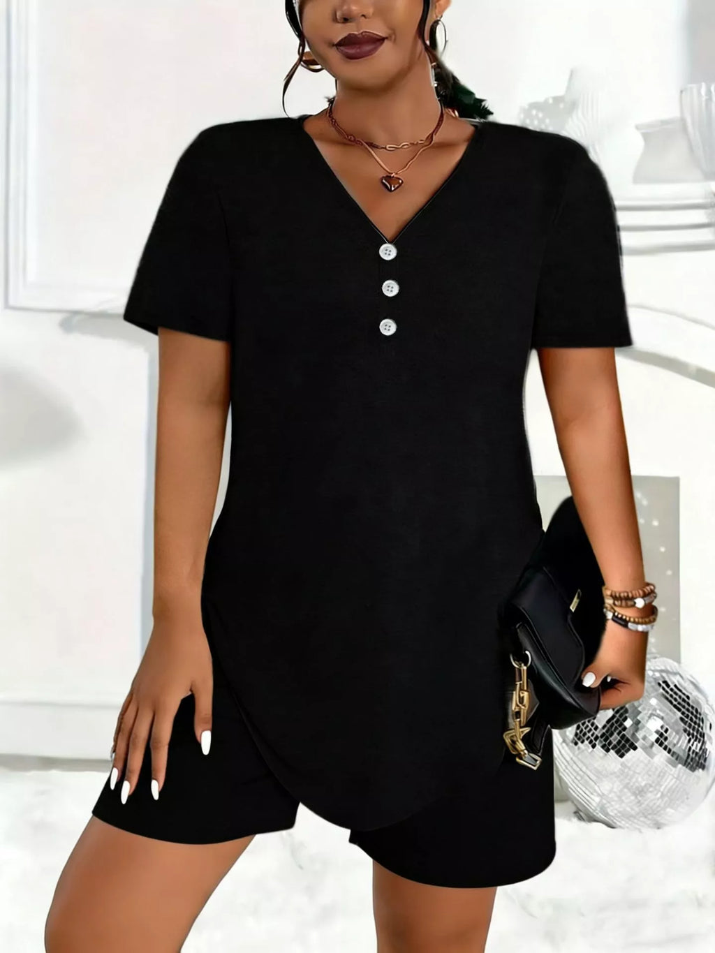 Plus Size V-Neck Short Sleeve Tee and Shorts Set