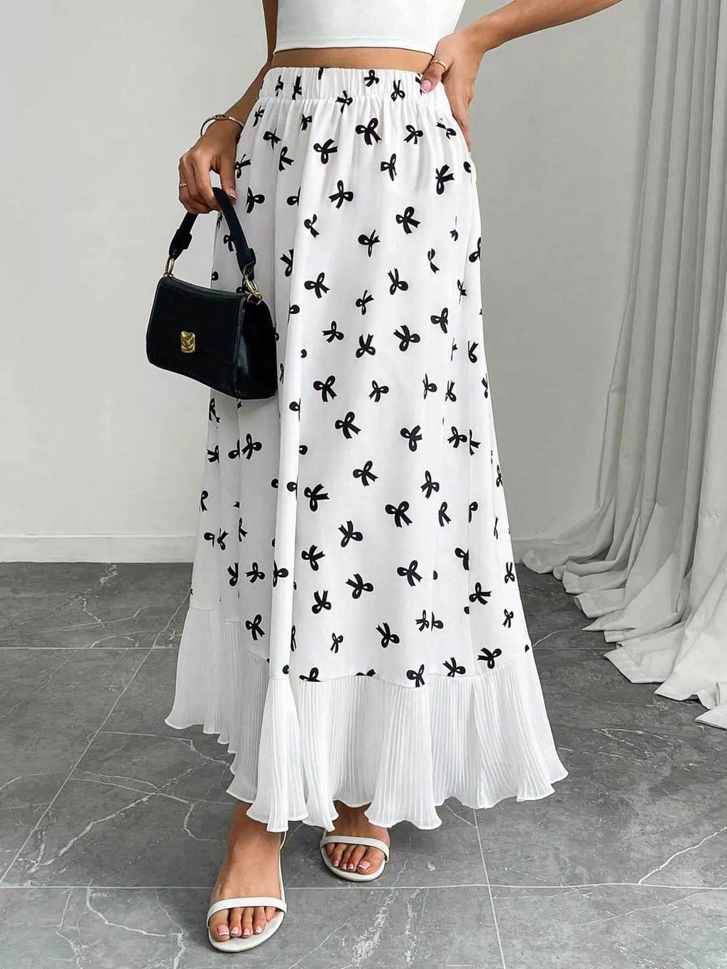 Bow Print Ruffle Hem Flowy Maxi Skirt