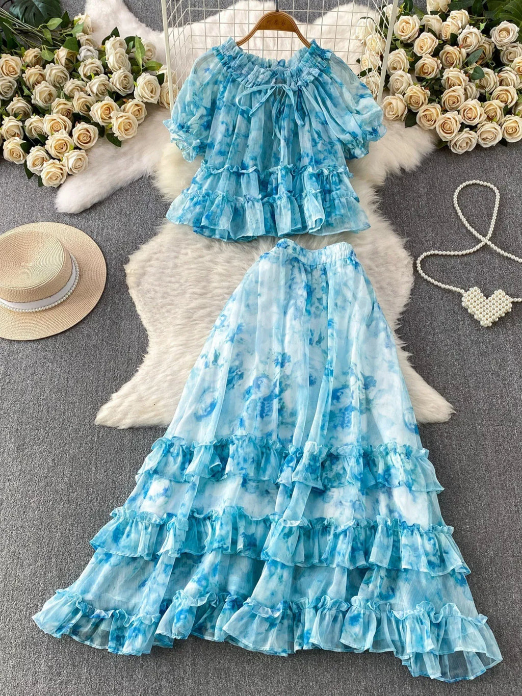 Floral Print Ruffle Hem Blouse and Skirt Set