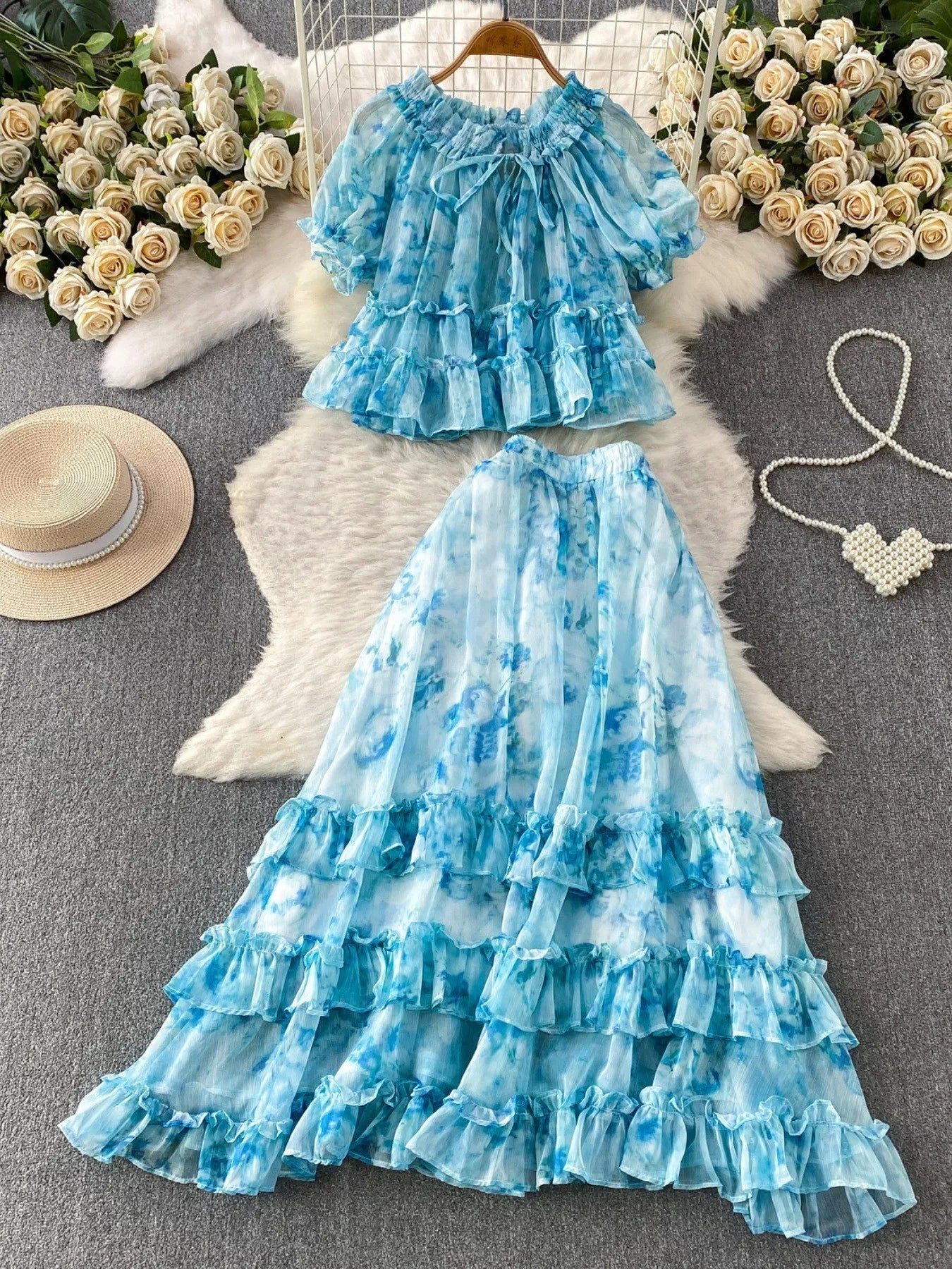 Floral Print Ruffle Hem Blouse and Skirt Set