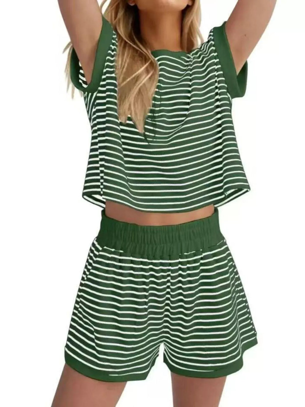 Full Size Striped Round Neck Top and Shorts Set Plus Size