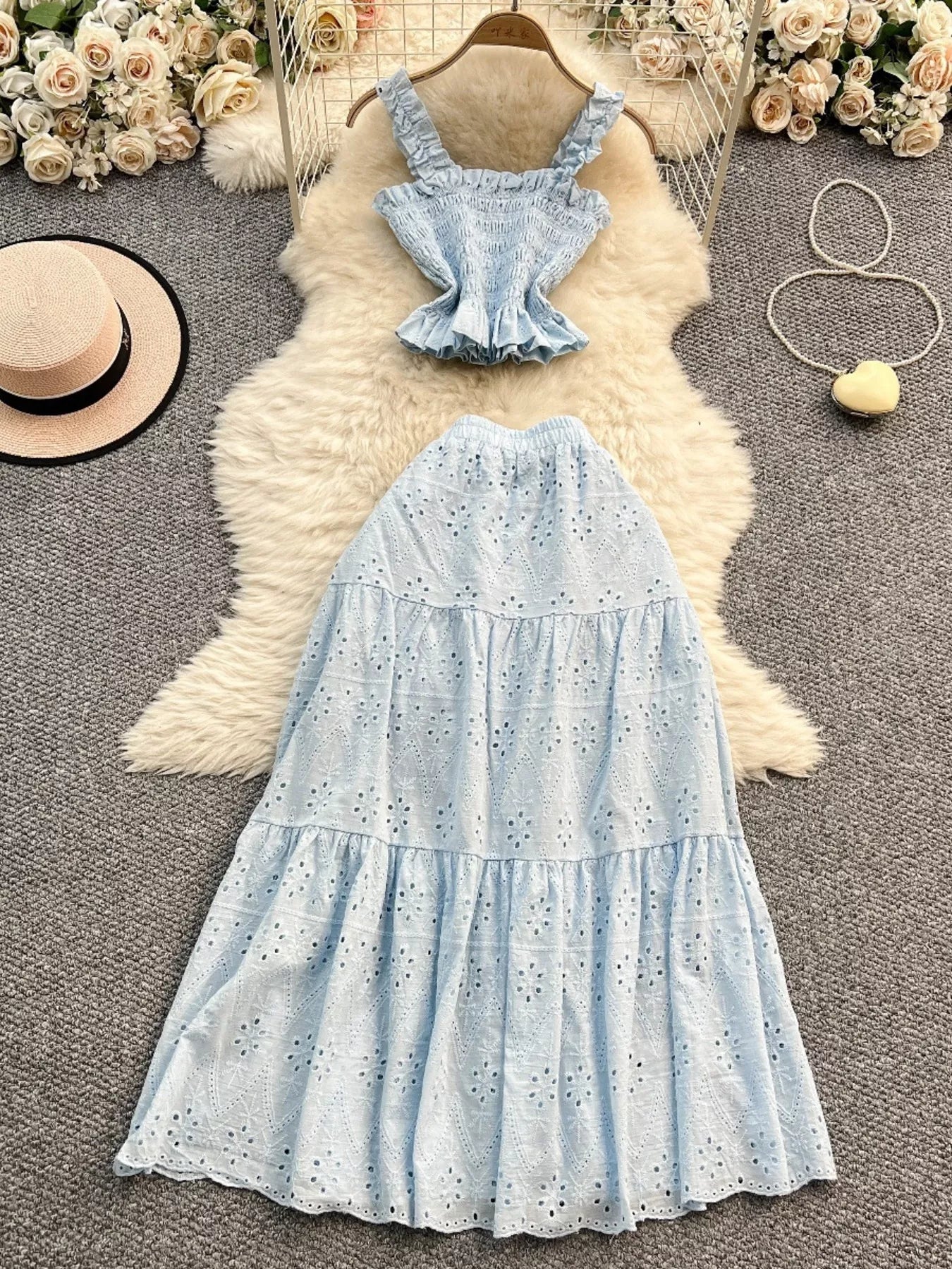 Smocked Crop Top and Hollow-Out Skirt Set