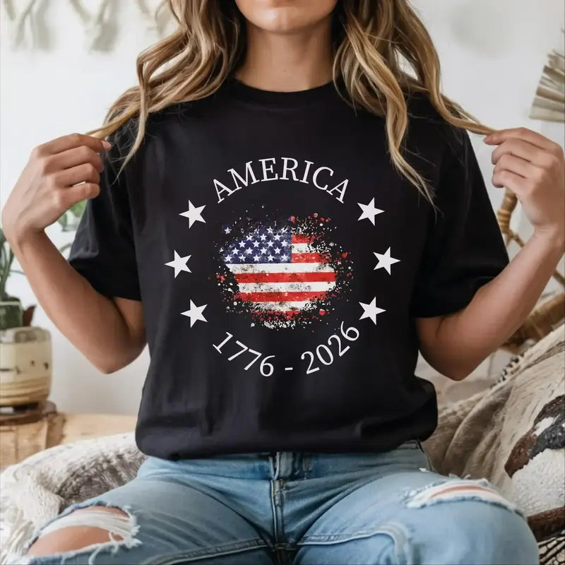 America 250th Anniversary T-Shirt – Vintage 1776 USA Flag Graphic Tee, Remastered Heavy Cotton Semiquincentennial Top, Soft Lived-In Heavyweight Commemorative Shirt, Made in USA